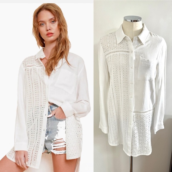 Hem & Thread Linen Blend Eyelet Button Down Shirt - Picture 1 of 13